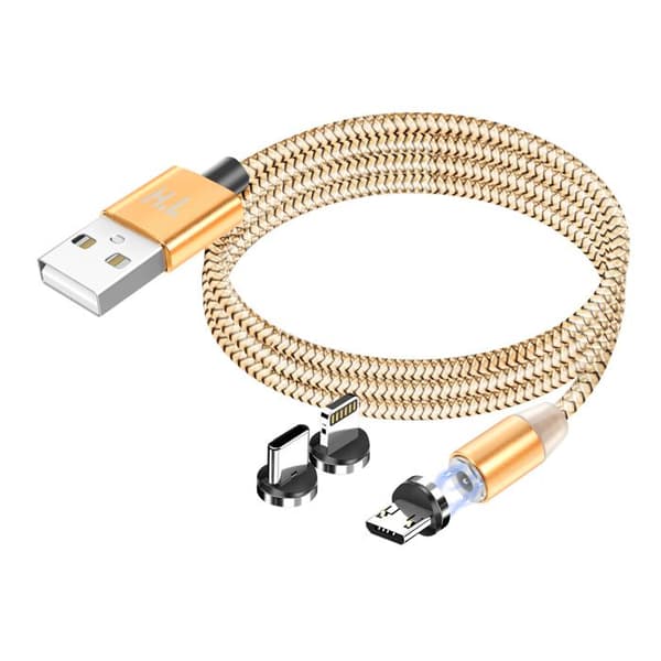 Magnetkabel 3-i-1 USB-C / Lightning / Micro-USB till USB-A 1m Guld