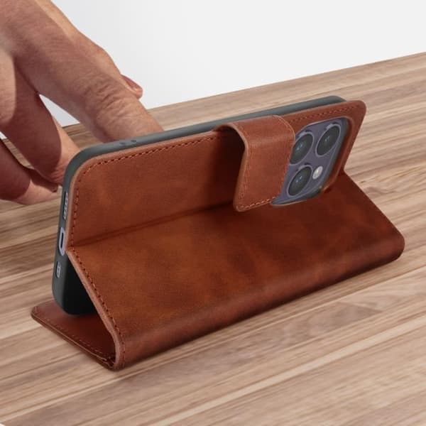 iPhone 14 Pro Folio Plånboksfodral Videostöd Matt Soft Touch Effekt brun