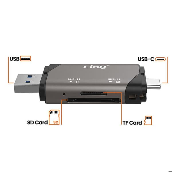 SD / MicroSD Höghastighetskortläsare USB-C och USB-A 5Gbps LinQ Grå