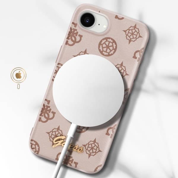 Coque Guess MagSafe för iPhone 17:e Serien Peony Script Logo Stötsäker Ljusbrun