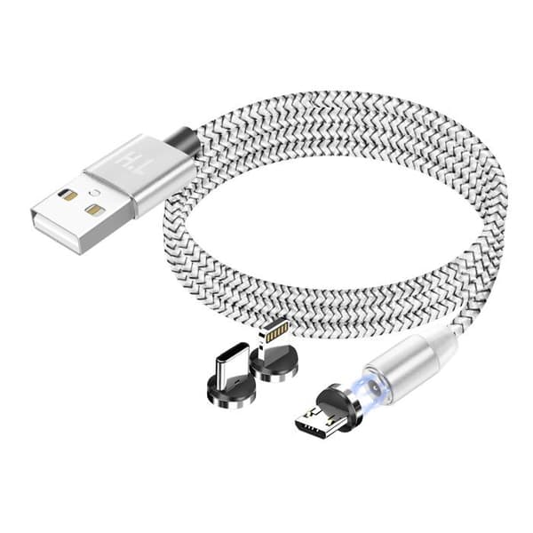 Magnetkabel 3-i-1 USB-C / Lightning / Micro-USB till USB-A 1m Silver