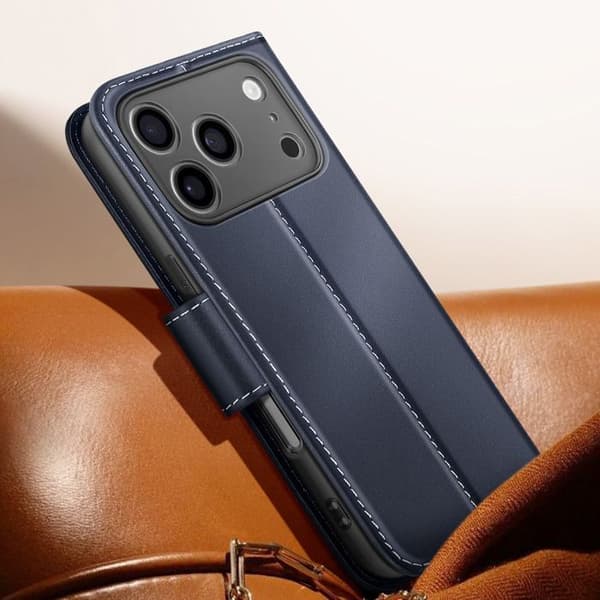 Plånboksfodral - AVIZAR - iPhone 17 Pro - Premiumläder - Ställfunktion - Mörkblå