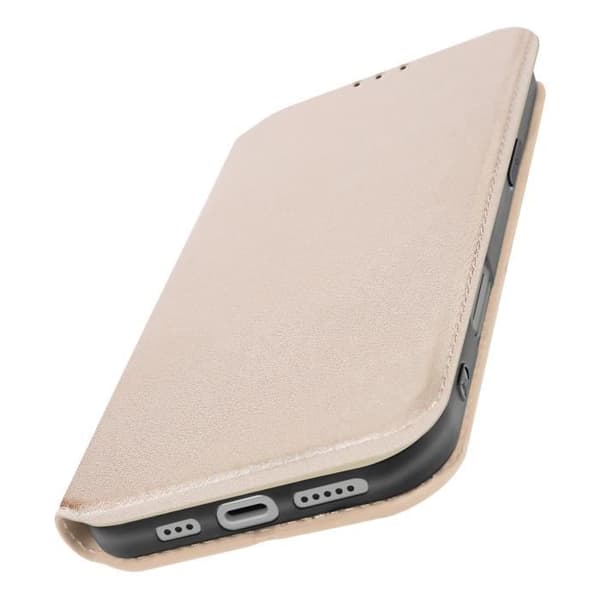 Etui för iPhone 16 med fällbart kortfack och videostöd i guld.