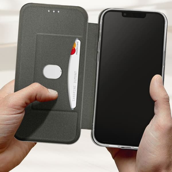 Fodral för iPhone 14 med kortfack och videostöd, elegant design, grå
