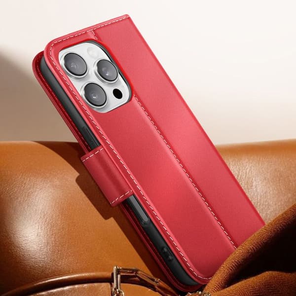 Premium Läder Plånboksfodral för iPhone 16 Pro med Ställfunktion Röd