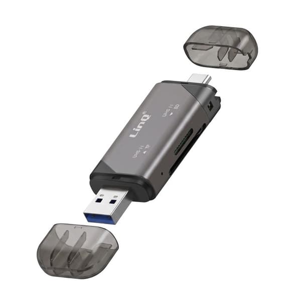 SD / MicroSD Höghastighetskortläsare USB-C och USB-A 5Gbps LinQ Grå