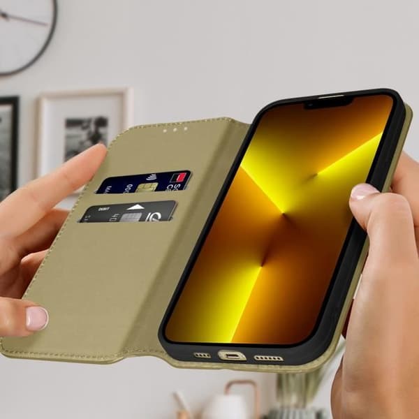 Etui - AVIZAR - iPhone 13 Pro Max - Fållplånbok - Guldgul - Videostativ