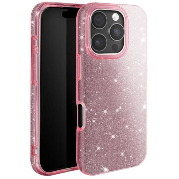 Glittrande skyddsfodral för iPhone 16 Pro, stöttålig, rosa