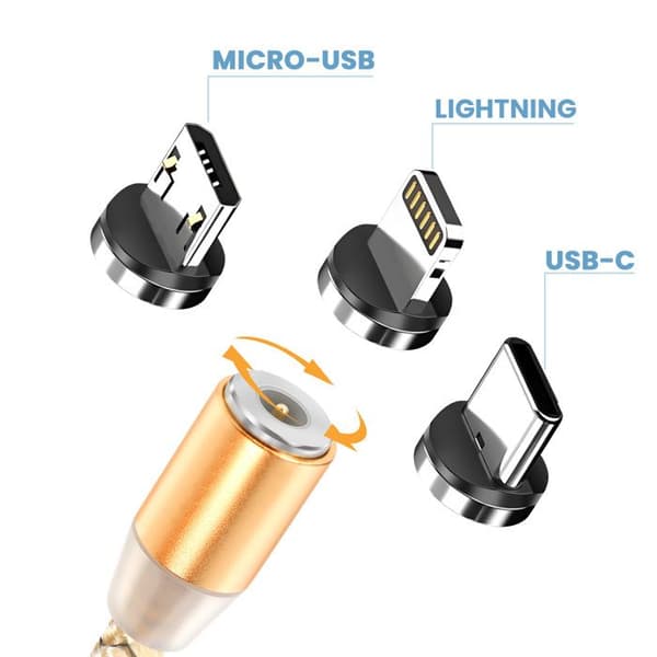 Magnetkabel 3-i-1 USB-C / Lightning / Micro-USB till USB-A 1m Guld