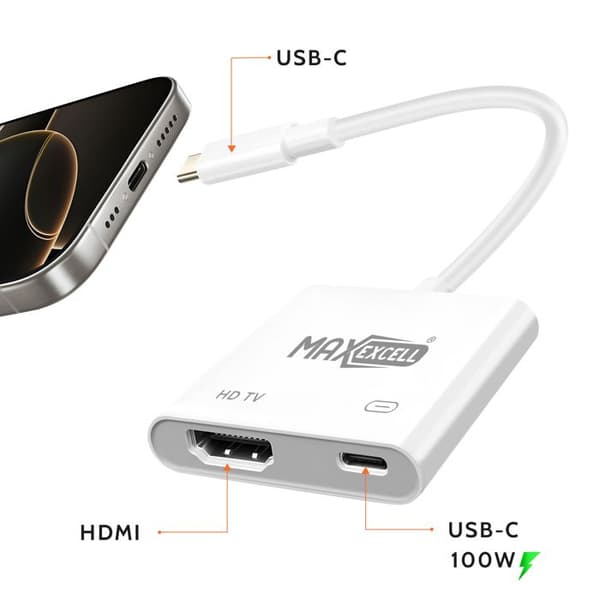 HDMI till USB-C videoadapter - MAX EXCELL - Ultra-HD 4K - Snabbladdning 100W - Vit