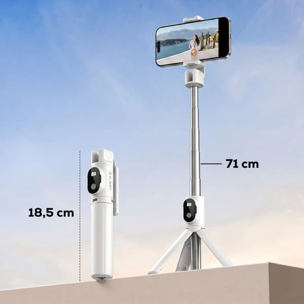 Selfie-stativ för smartphone, justerbart med klämmor, vit