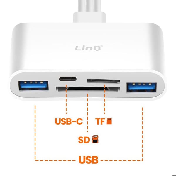 SD / Micro-SD-kortläsare / 2x USB till Lightning + USB-C + USB LinQ Vit