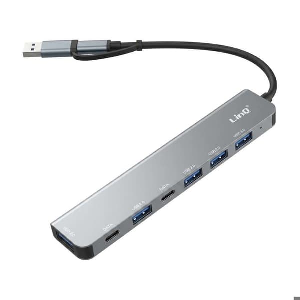 USB-C / USB-A 7-i-1 5Gbps hub med 2 USB-C, USB-A 3.0 och 4 USB-A 2.0 LinQ Grå
