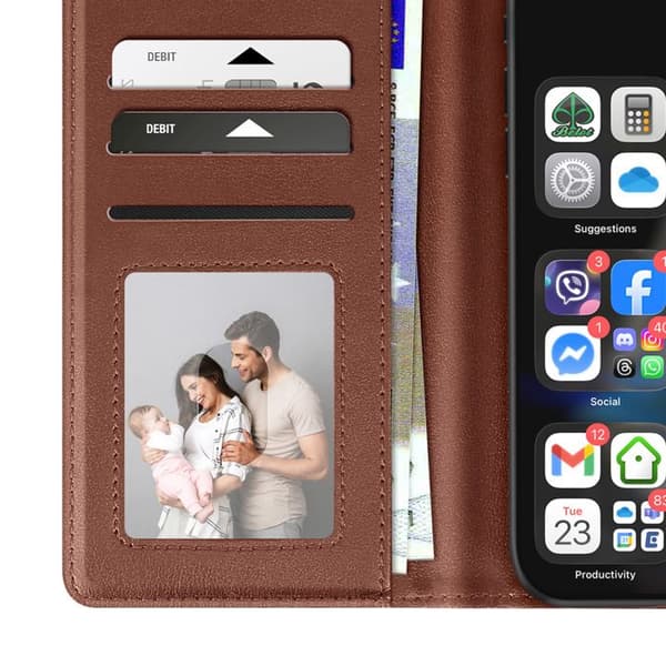 Premium läder plånboksfodral för iPhone 17 Pro Max med ställfunktion brun