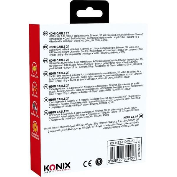 KONIX HDMI 2.1-kabel til Nintendo Switch 2, 1,8 m, 4K120 og 8K60