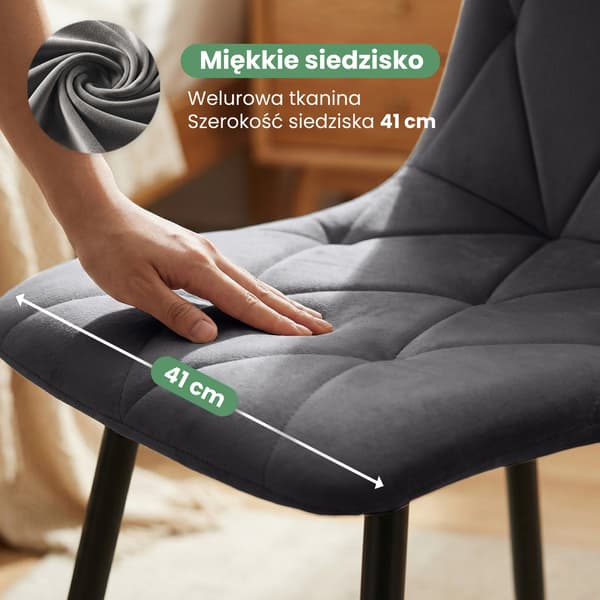 Akord Milo Quiltede Spisebordsstole I Velour, 6-Pak, Mørk Grafit, Sorte Ben