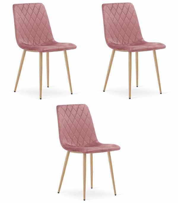 Turin Stol I Rosa Sammet Med Träfärgade Ben, 3-Pack