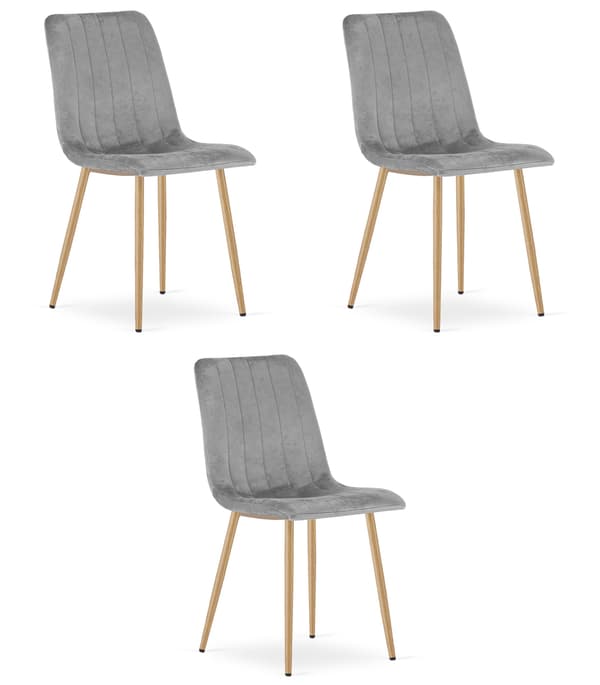 Lava Stol I Ljusgrå Sammet Med Träfärgade Ben, 3-Pack
