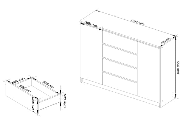 Akord Kommode 2 døre 4 skuffer Elme 138x40x99