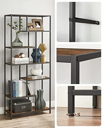 Bokhylla Lls119B01, 6 Hyllplan, Rustik Brun, Loftstil