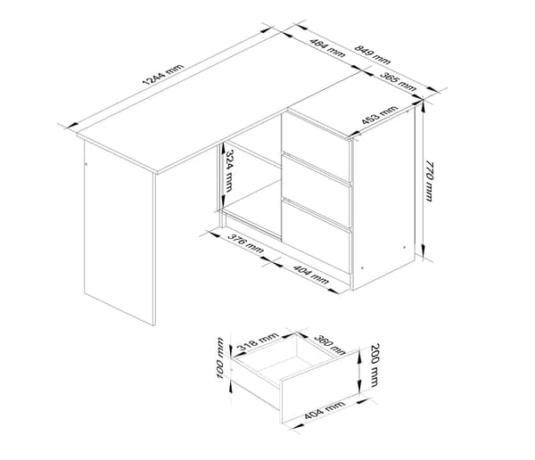 Akord Kulmapöytä 3 Laatikkoa Oikea Leppä 124X85X77