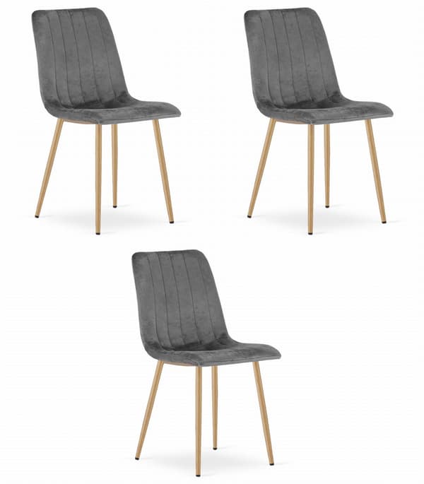 Oskar Lava Stol I Mörkgrå Sammet Med Träfärgade Ben, 3-Pack