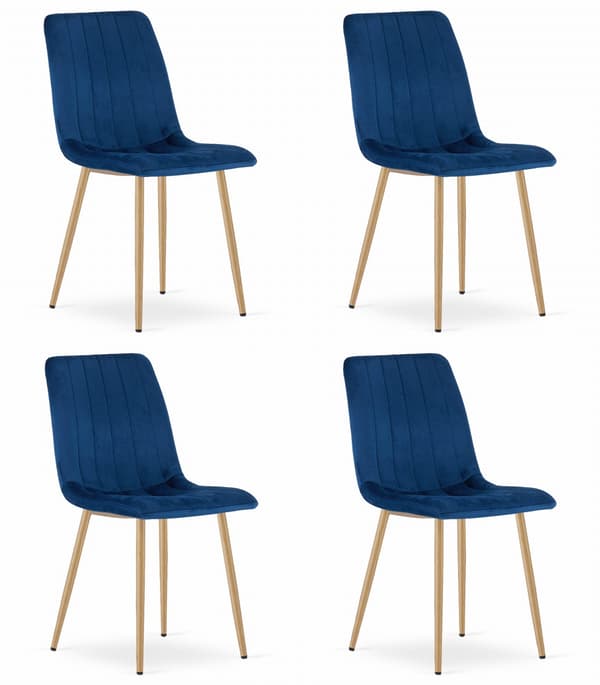 Oskar Lava Stol, Marinblå Sammet, Träfärgade Ben (4-Pack)