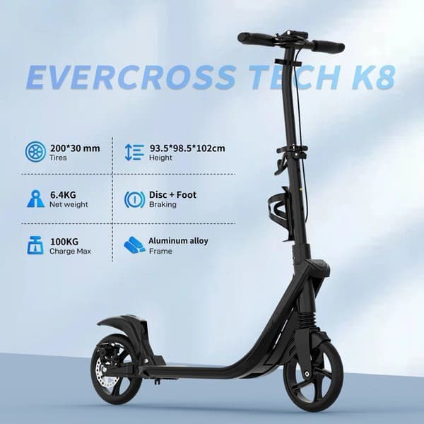 Børnescooter Sammenfoldelig - EVERCROSS TECH K8 - Dæk 8" - 3 højder - Dobbelt bremse - Sort Super gave