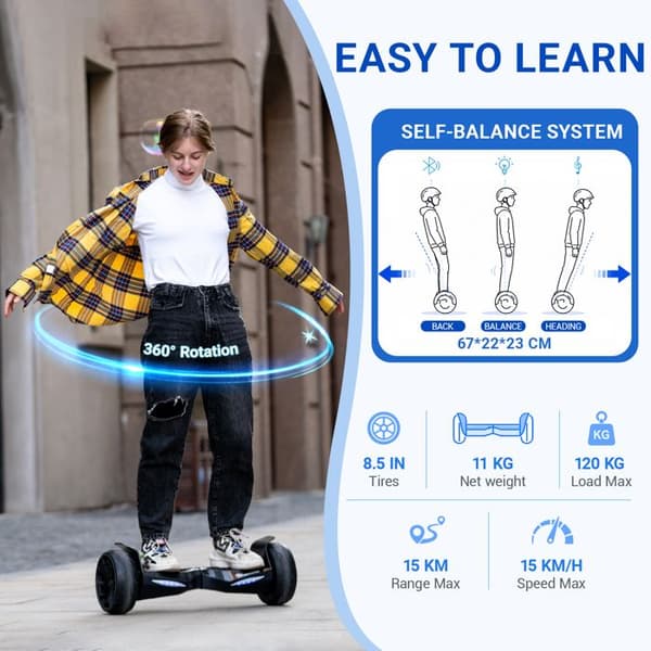 Hoverboard Gyropode selvbalancerende EVERCROSS TECH - 8,5 tommer Alt Terræn - Med Bluetooth Musik + LED - Sort