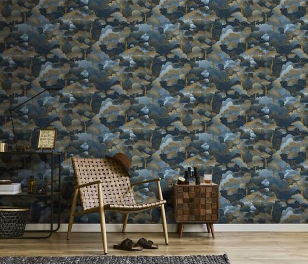Texturerad vinyltapet Elle Decoration guldblå buske 10448-08