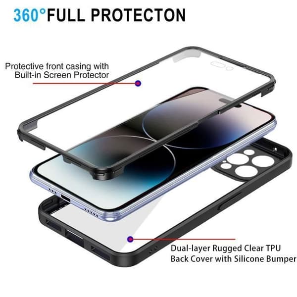 Telefoncover - ANDERLEDES - iPhone 14 Pro Max - 360° fuld beskyttelse - Silikone + PC - Sort