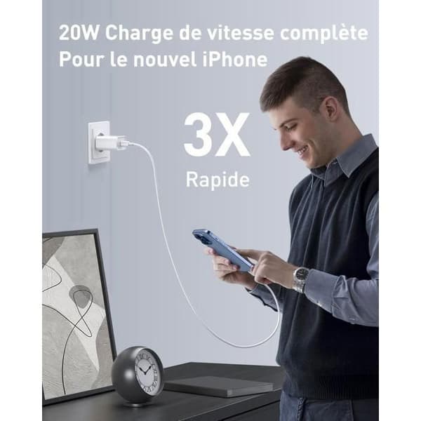 USB-C oplader 20W - ANDERLEDES - iPhone 15/16 - Hurtig opladning - Kabel 1M - Strømadapter