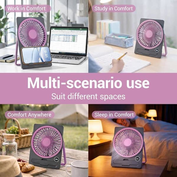 Bordventilator - Mini sammenfoldelig USB - 5 hastigheder - Batteri 1800 mAh - LED-display