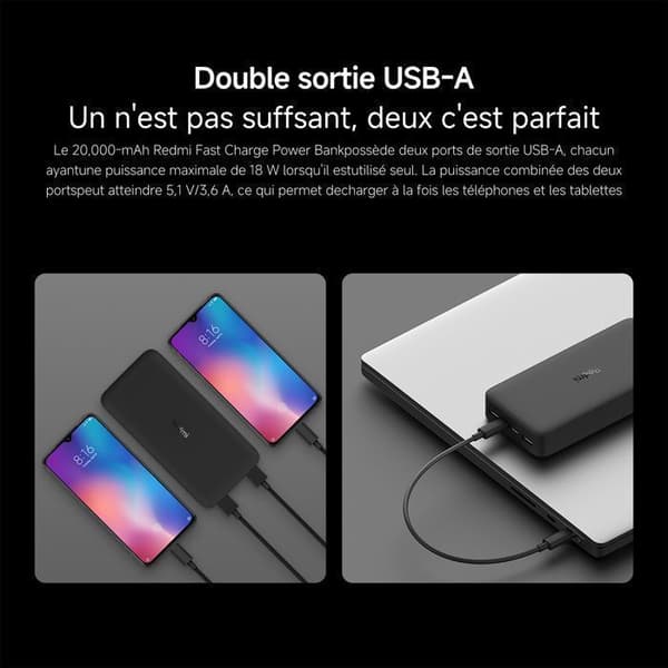 XIAOMI - Redmi Fast Charge bærbart batteri - 20000 mAh - Sort