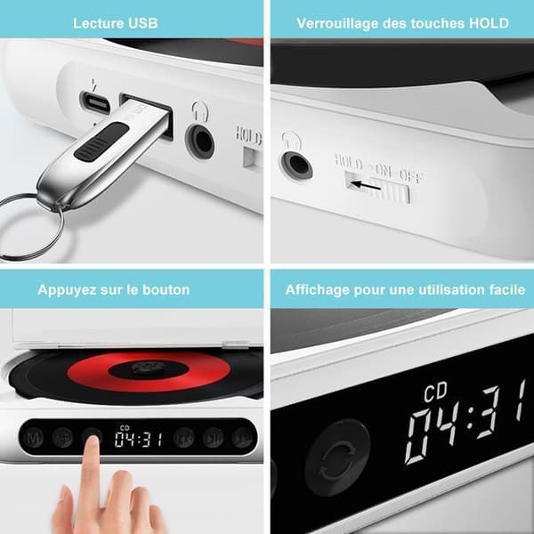 CD-afspiller - BYTELIKE - Ultra-tynd bærbar - Bluetooth 5.3 - Batteri 2000mAh - CD/MP3/USB