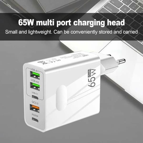 5-port oplader - ANDERLEDES - 65W - 2 USB C - 2 USB - 1 QC 3.0