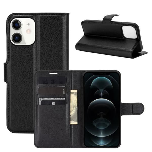 Plånboksfodral - ANNORLUNDA - iPhone 12 - Läder med mikrofiberfoder - Svart - Stötsäker och fallskydd