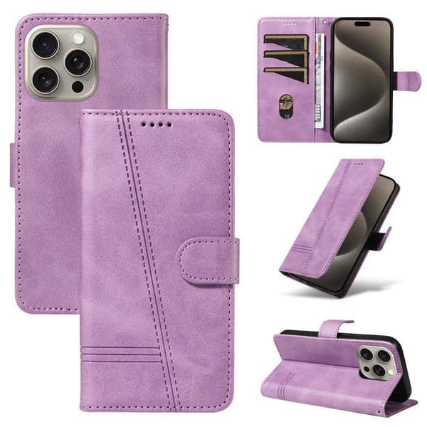 Plånboksfodral - ANNORLUNDA - iPhone 15 Pro Max - PU-läder - Lila - Stötsäker med stöd