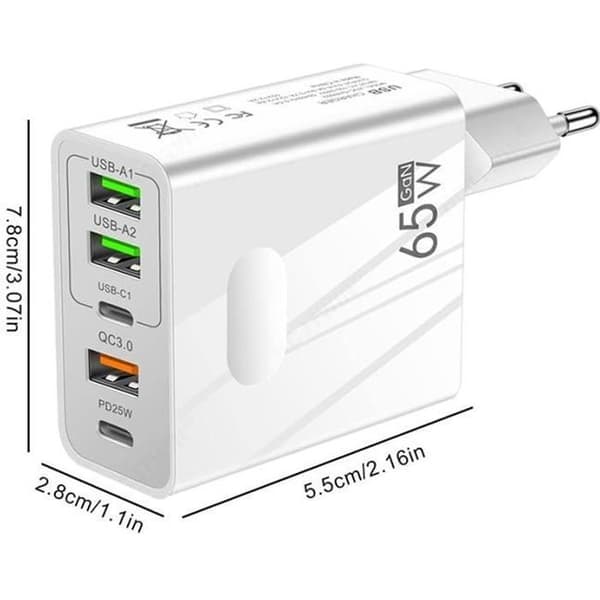 5-port oplader - ANDERLEDES - 65W - 2 USB C - 2 USB - 1 QC 3.0