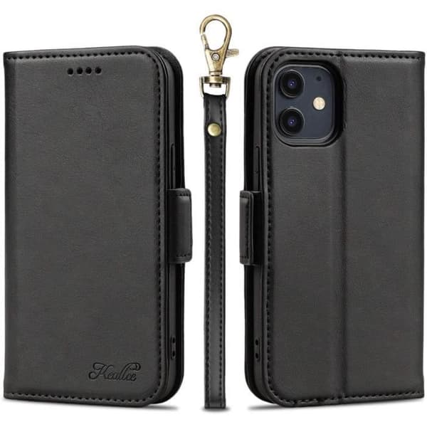 iPhone 12 Cover - ANDERLEDES - PU Læder Pung - 4 Pladser - Sort - Magnetisk Armbånd