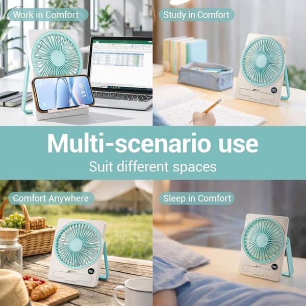 Bordventilator - Mini sammenfoldelig 180° - 5 hastigheder - LED-display - Batteri 1800 mAh