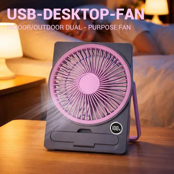 Bordventilator - Mini sammenfoldelig USB - 5 hastigheder - Batteri 1800 mAh - LED-display