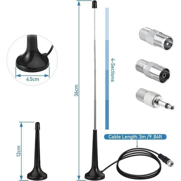 Antenne Radio DAB FM - CUNEARY - Forstærket - 75 Ohm - 3M - Sort