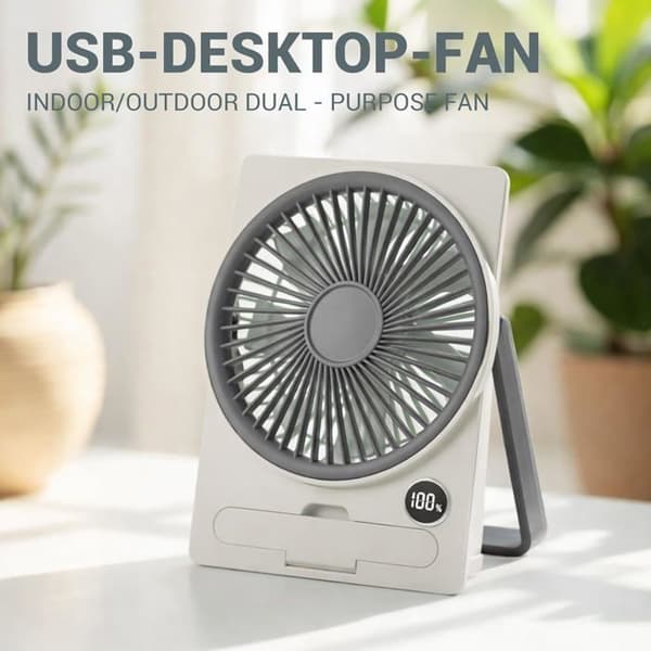 Bordventilator - Mini sammenfoldelig - USB 1800mAh - 5 hastigheder - LED-display & telefonholder