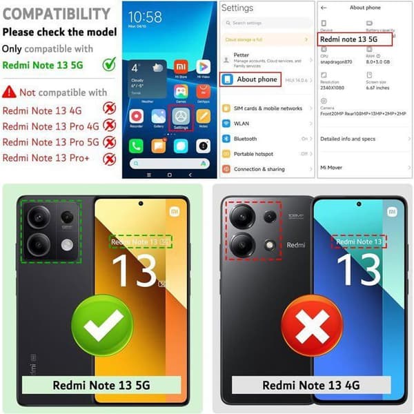 Mobilskal - ANNORLUNDA - Xiaomi Redmi Note 13 5G - PU-läder - Stötsäker - Kortfack
