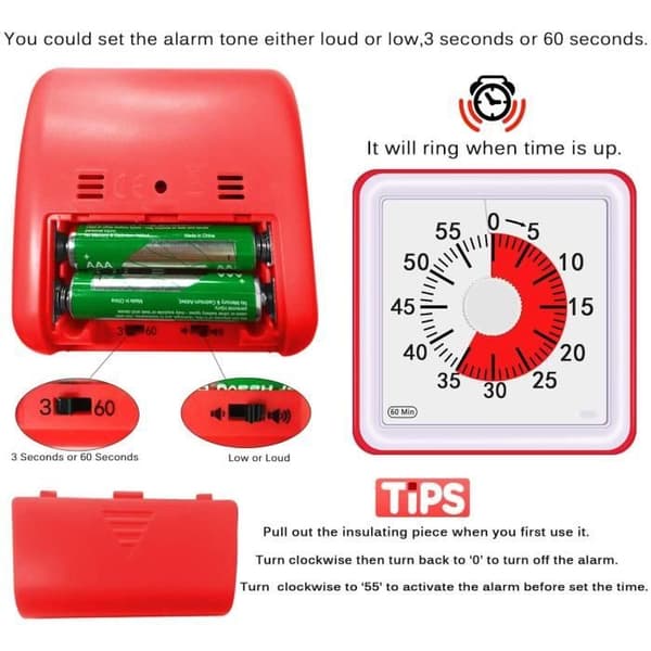 Visuel analog timer - Stille nedtælling - Rød - ABS plast - 78x78x45mm