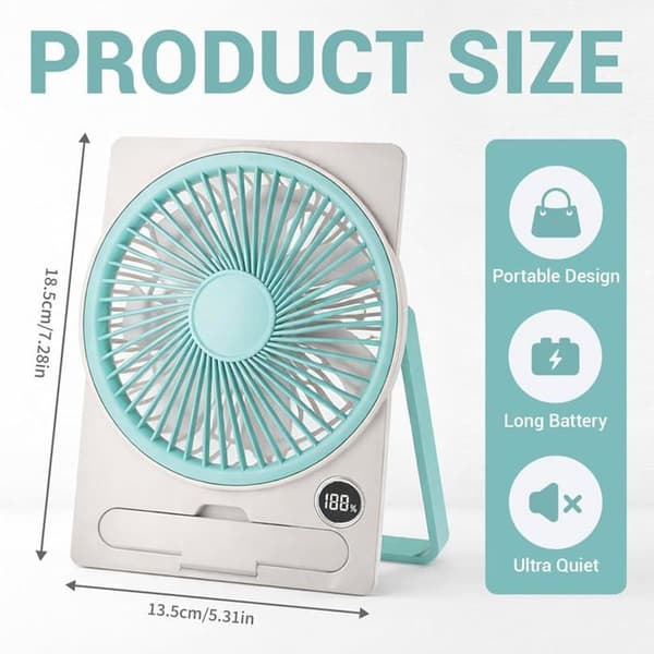 Bordventilator - Mini sammenfoldelig 180° - 5 hastigheder - LED-display - Batteri 1800 mAh