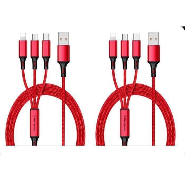 Laddkabel - ANNAT - 3 i 1 - USB-C, Micro-USB, Lightning - 1.2m - 2-pack Röd