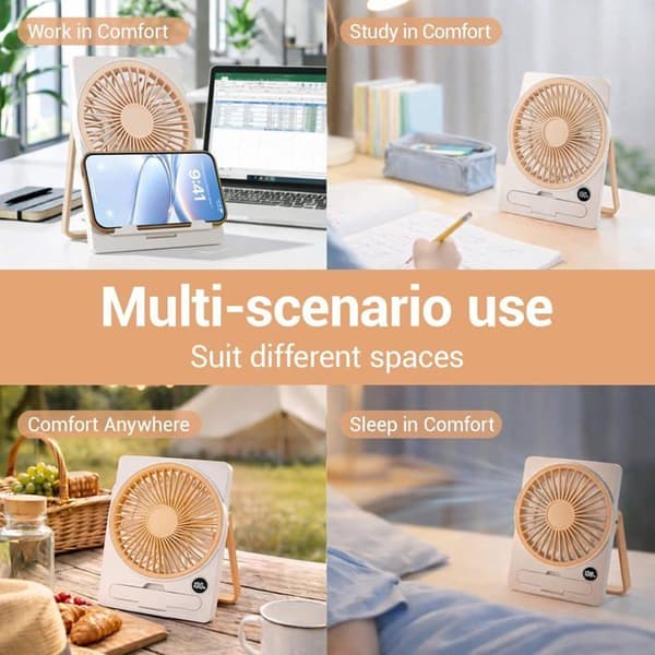 Bordventilator - Mini sammenfoldelig - Batteri 1800 mAh - 5 hastigheder - LED-display
