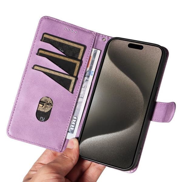 Plånboksfodral - ANNORLUNDA - iPhone 15 Pro Max - PU-läder - Lila - Stötsäker med stöd